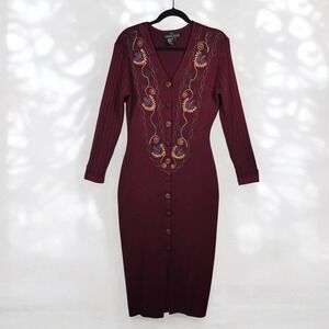VTG Carole Little Burgundy Knit Embroidered Button Front Midi Dress Women Small